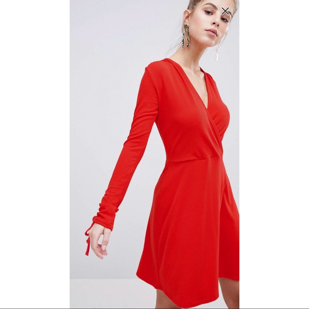 Red Boohoo wrap skater dress